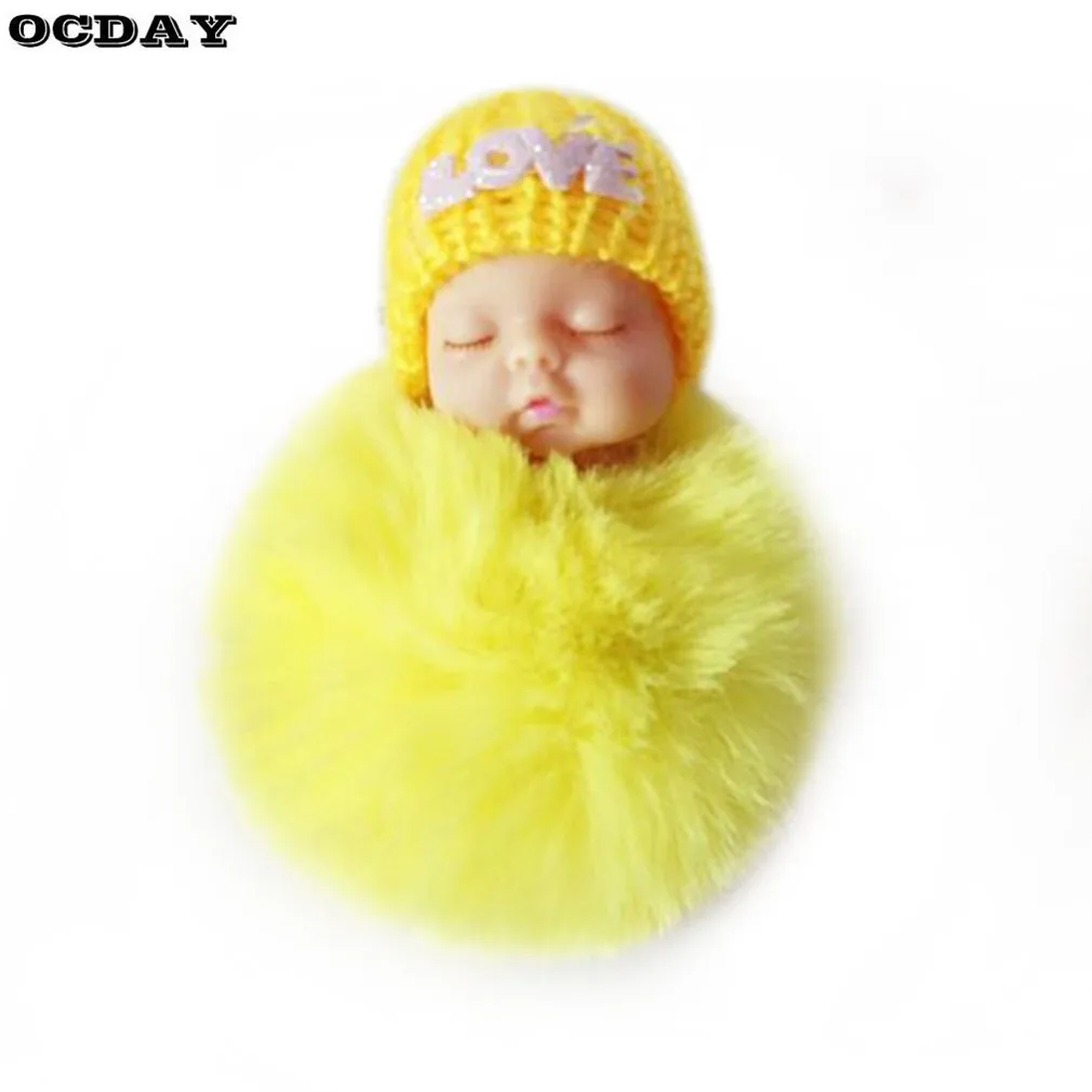 OCDAY Sleeping Baby Doll Plush Keychain Creative Cute Small Soft Fur Doll Pendant Car Bag Charm Fluffy Ball Keyring Toy for Kids