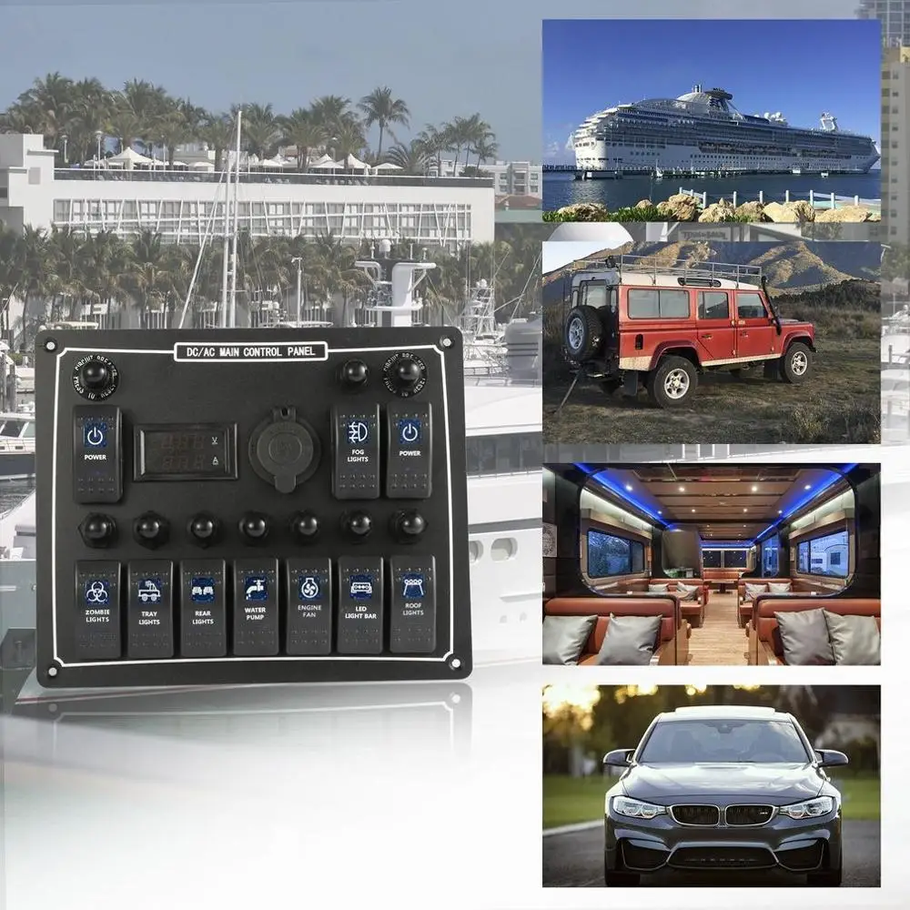 10 Gang Waterproof Car Auto Boat Marine LED AC/DC Rocker Switch Panel Dual Power Control Overload Protection 15A DC Output
