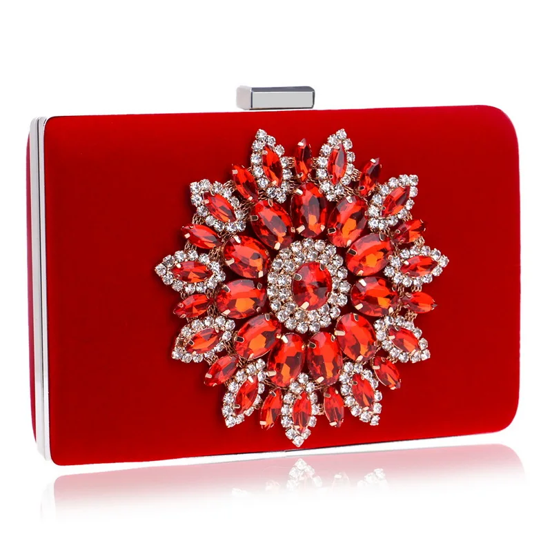 YINGMI Fashion flower diamonds evening bags PU shoulder chain clutch bags velvet rhinestones party wedding bridal purse