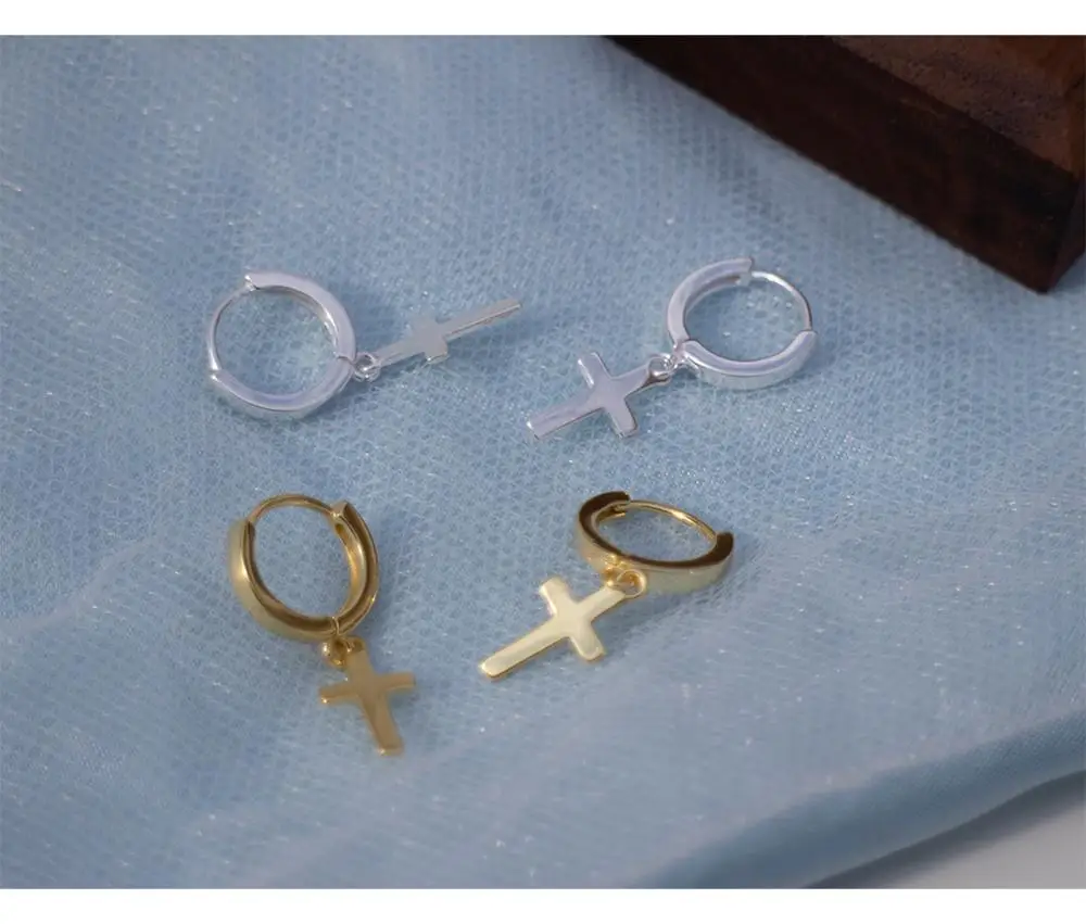 Серьги из стерлингового серебра 925 пробы, серьги с пряжкой, Классический золотой крест, серьги, кольцо для ушей, простые милые трендовые серебряные ювелирные изделия для девочек и мальчиков