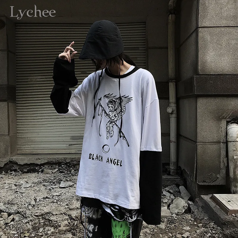 Lychee Harajuku, женская футболка с буквенным принтом ангела, топ, футболка, поддельные, 2 штуки, женские футболки, топы, футболки, пэчворк, с круглым вырезом, женские футболки