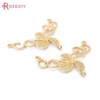 

(39084)6PCS 23x35MM 24k Champagne Color Brass and Zircon Curved Flower Vine Charms Pendants Jewelry Making Diy Accessories