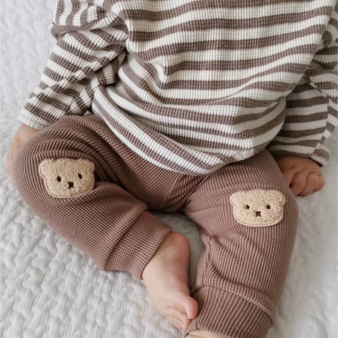 Autumn New Baby Girl Trousers Waffle Bear Embroidery Pants Newborn Baby Boys Clothes Cute Harem Pants