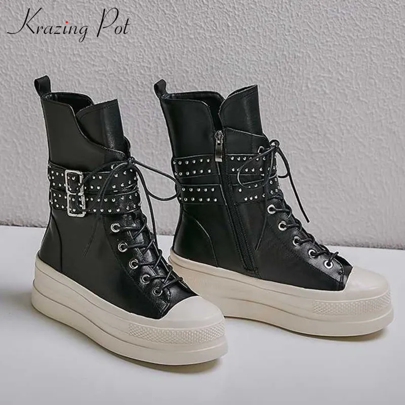 

krazing pot European style thick bottom rivets belt buckle genuine leather lace up winter women side Zipper mid-calf boots L62