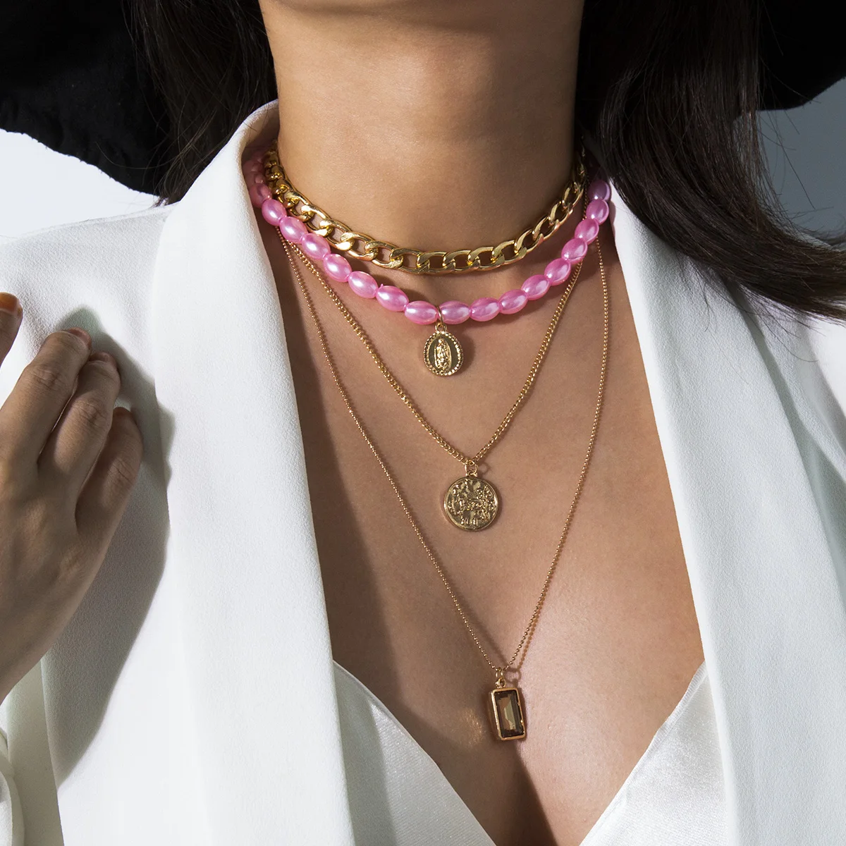 IngeSight.Z Punk Multi Layered Pearl Choker Necklace Collar Statement Virgin Mary Coin Crystal Pendant Necklace Women Jewelry - Image 2