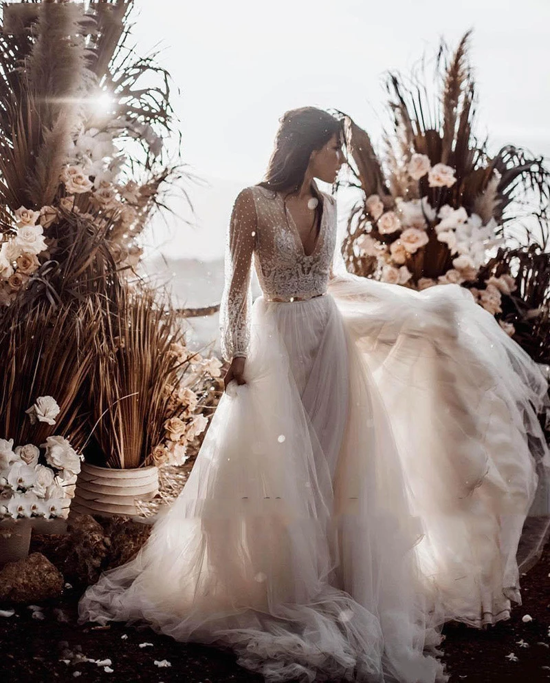 Сексуальные платья невесты с v-образным вырезом vestido de Casamento Пышные свадебные платья из фатина Boho A Line свадебное платье с пышными рукавами