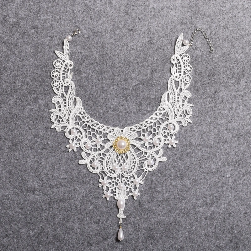 Белый кружевной стимпанк чокер Викторианский готический поддельный жемчуг воротник невесты ожерелье