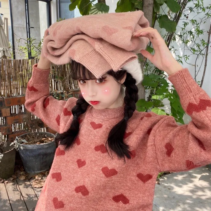 Женские свитера с принтом «милое сердце» и принтом «Океаническая любовь», Kawaii, модные пуловеры для девочек, осень, зимние мягкие свитера для студентов, новинка 13277