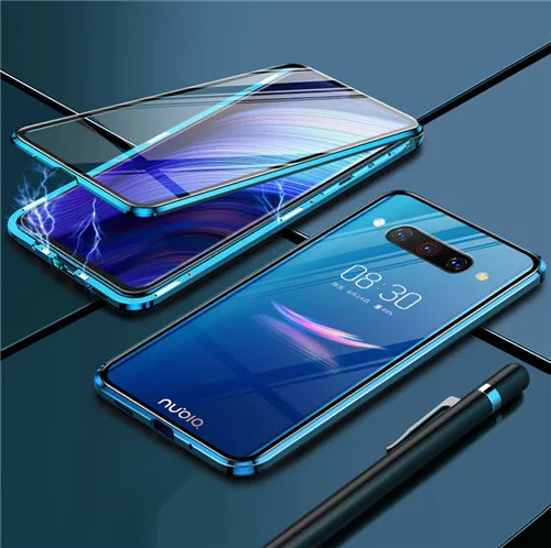 360 Полный Магнитный чехол для zte Nubia Z10, двусторонний чехол из закаленного стекла, металлический алюминиевый бампер для Nubia Z20 NX627J, чехол - Цвет: Синий