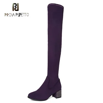 

Prova Perfetto Purple Black Suede Thigh High Boots Women Winter Shoes Crystal Stud Square Heel Round Toe Stretch Long Boots
