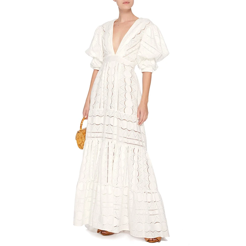 详情.jpg TWOTWINSTYLE Elegant Lace Summer Dress Women V Neck Lantern Half Sleeve High Wiast Ruched Hollow Out Dresses For Female Fashion