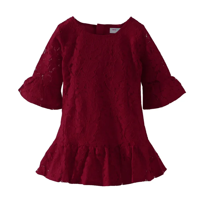 Wine Red Mudkingdom/платье принцессы для девочек с розами; кружевное платье с расклешенными рукавами для дня рождения - Цвет: Wine Red