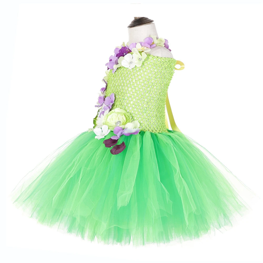 Зеленый цветок фея Динь-пачка платье девочки; дети Рождественская одежда подростков Хеллоуин костюм феи для косплея платье с нашивкой «Крылья» комплект