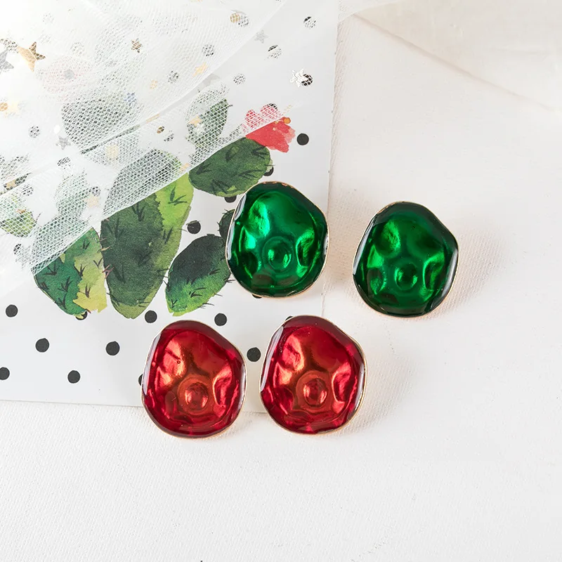 

UJBOX Big Korea Button Enamel Glaze Earrings Women Green Red Geometric Irregular Creative Simple Wild Stud Earrings Wholesale