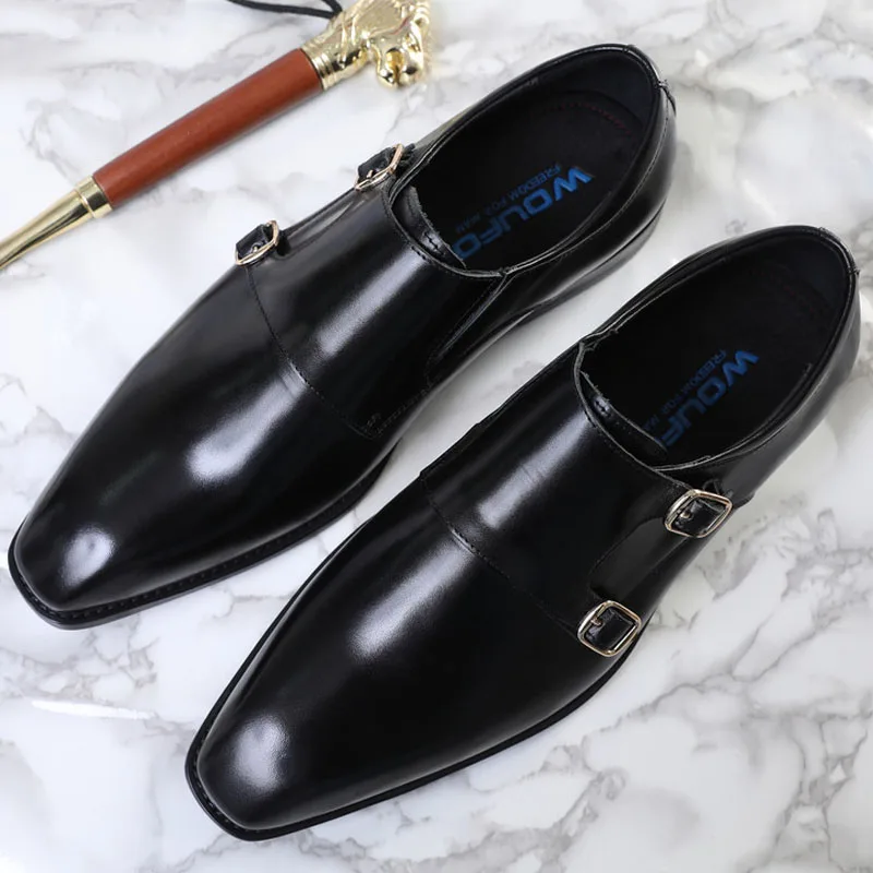 

2019 New Handmade Genuine Leather Formal Shoes Men Luxury Wedding Derby Shoes Square Toe Double Monk Strap Shoes