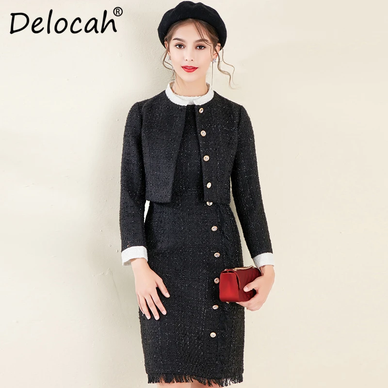 

Delocah Autumn Women Suit Runway Fashion Designer Black Printed Short Lady Coat+Elegant Slim Vest Dresses office Two Pieces Sets