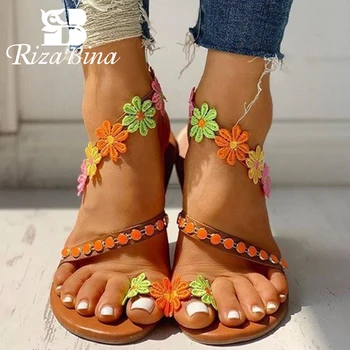 

RIZABINA Women Sandals Bohemia Style Summer Shoes For Women Flat Sandals Beach Shoes 2020 Flowers Flip Flops Plus Size 35-43