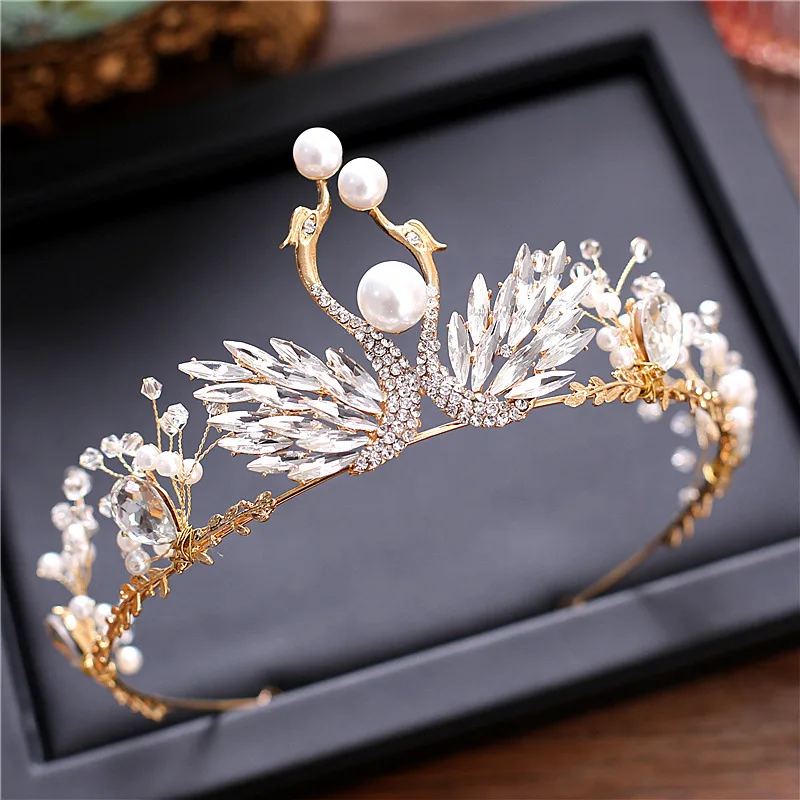 

Swan Crown Korean Style Bride Handmade Hair Accessories Pearl Man-made Diamond Princess Headdress Wedding Dress Marriage Ornamen