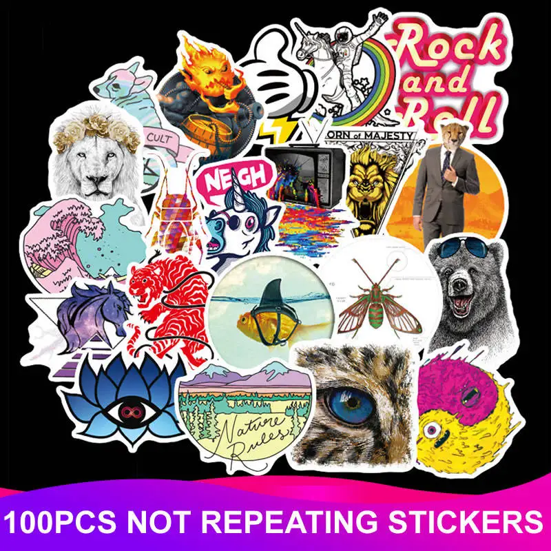 100pcs Packcartoon Animals Stickers Waterproof PVC Laptop Luggage Skateboard Motorcycle Guitar Scrapbook Cool Sticker Kids Toys
