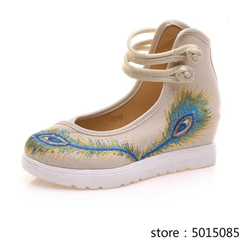 

Women Ethnic Wind Embroidered Canvas Shoes Ladies Wedges Feathers Mary Janes Buckle Strap Chaussures Femme Height Increasing