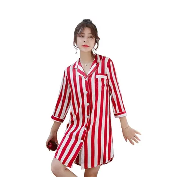 

Ladies Striped Print Faux Silk Cardigan Nightdress Sexy Seven-point Sleeves Sleepwear Spring Summer Home Clothes DP