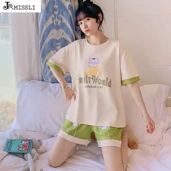 

JRMISSLI Women cotton pajama set Shorts Round Neck Short Sleeve Set 2020 Summer ladies Patchwork Sleepwear suit Pyjama