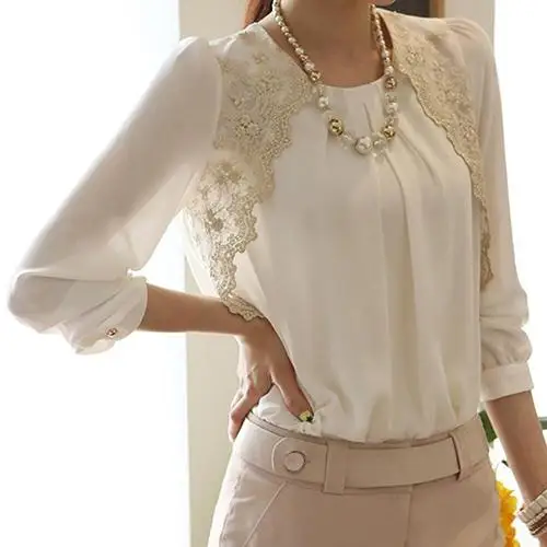 Women's Blouse White Fashion Korean Style Summer Chiffon Lace Casual Female Blouse Shirt Ladies Clothing 1