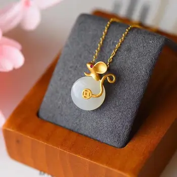 

Natural Hetian white jade small mouse Yuan Bao Pendant Necklace Chinese style retro unique ancient gold craft women present