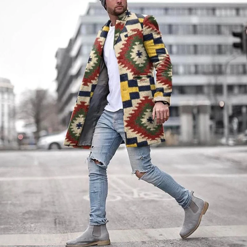 70% OFF Men's Jackets Fashion Print Single-Breasted Lapel Suit Jacket Slim Long Sleeve Long Windbreaker Male Casual Coat Outerwear