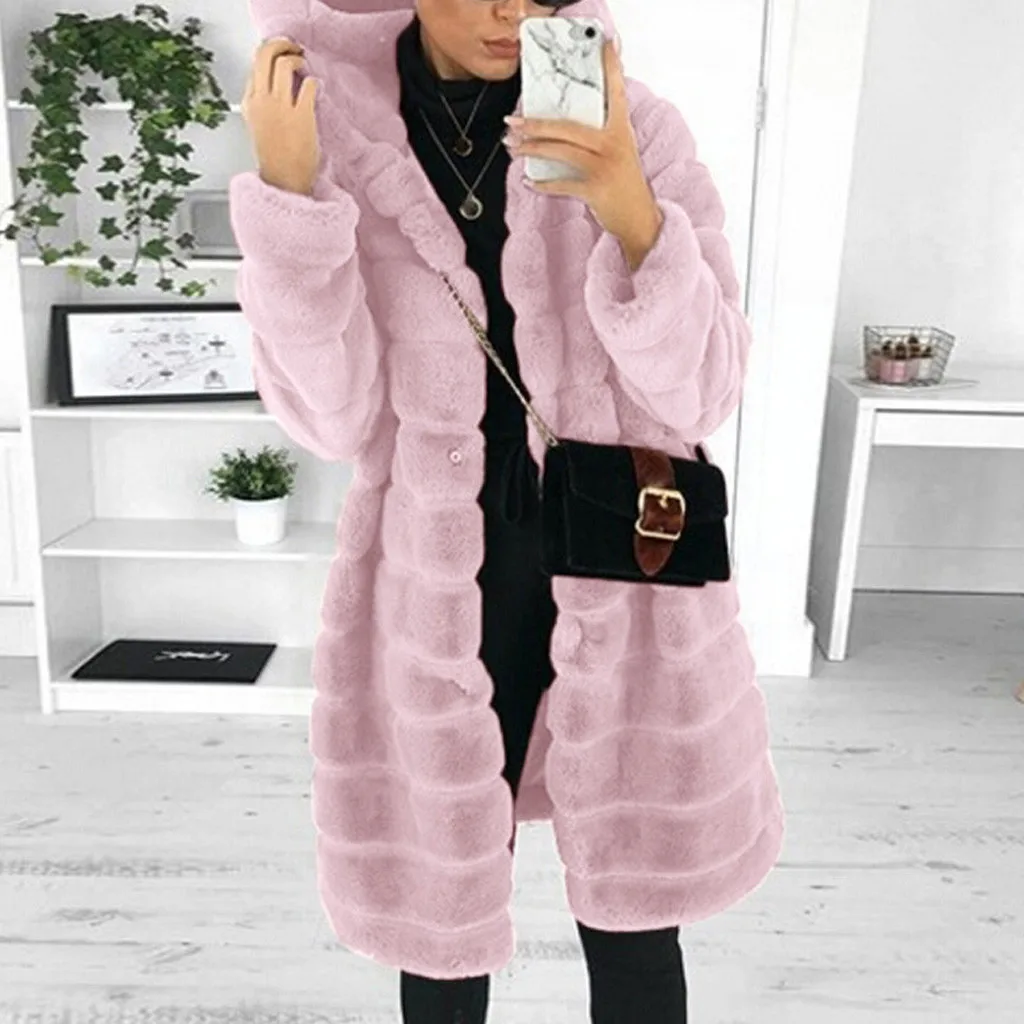Abrigo largo de piel sintética con capucha para mujer, chaqueta mullida y peluda, prendas de vestir de manga larga, de talla grande, D31, invierno, 2021