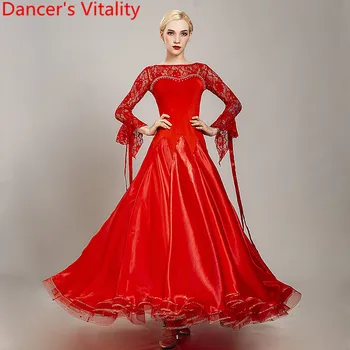 

New National Standard Dance Performance Costume Winter Lace Sleeve Fishbone Hem Dress Ballroom Waltz Jazz Dancing Racing Outfits