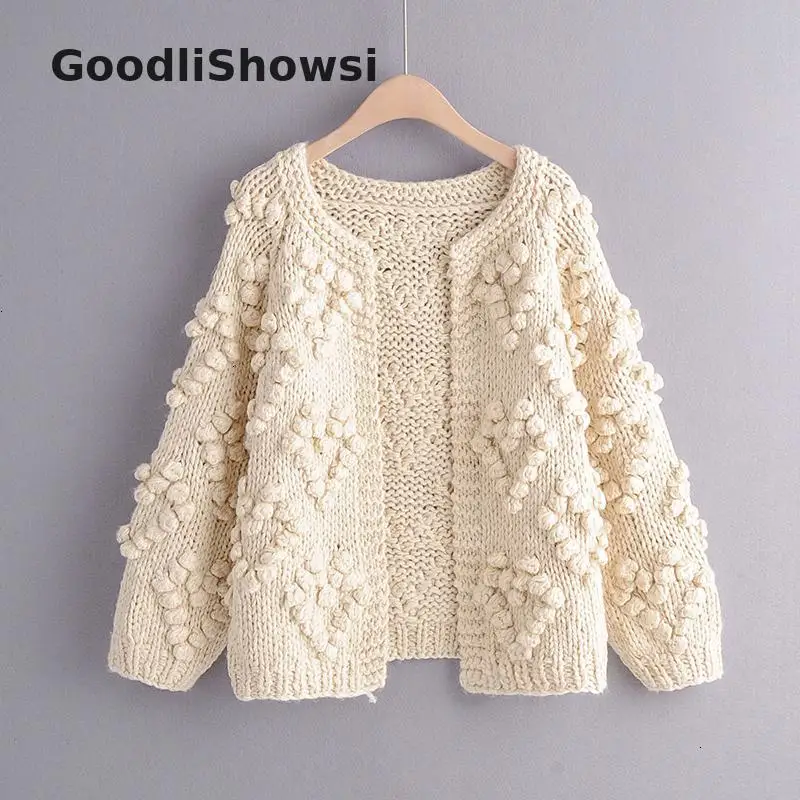 GoodliShowsi, зимний модный Повседневный женский свитер, топы, Одноцветный, с помпонами, дизайн с круглым вырезом, кадиганс, свободные, болеро, вязаные, 3 цвета