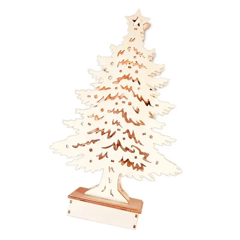

Wooden Christmas Ornament Xmas Tree with LED String DIY Craft Table Home Decoration New Year Toys Children Kids