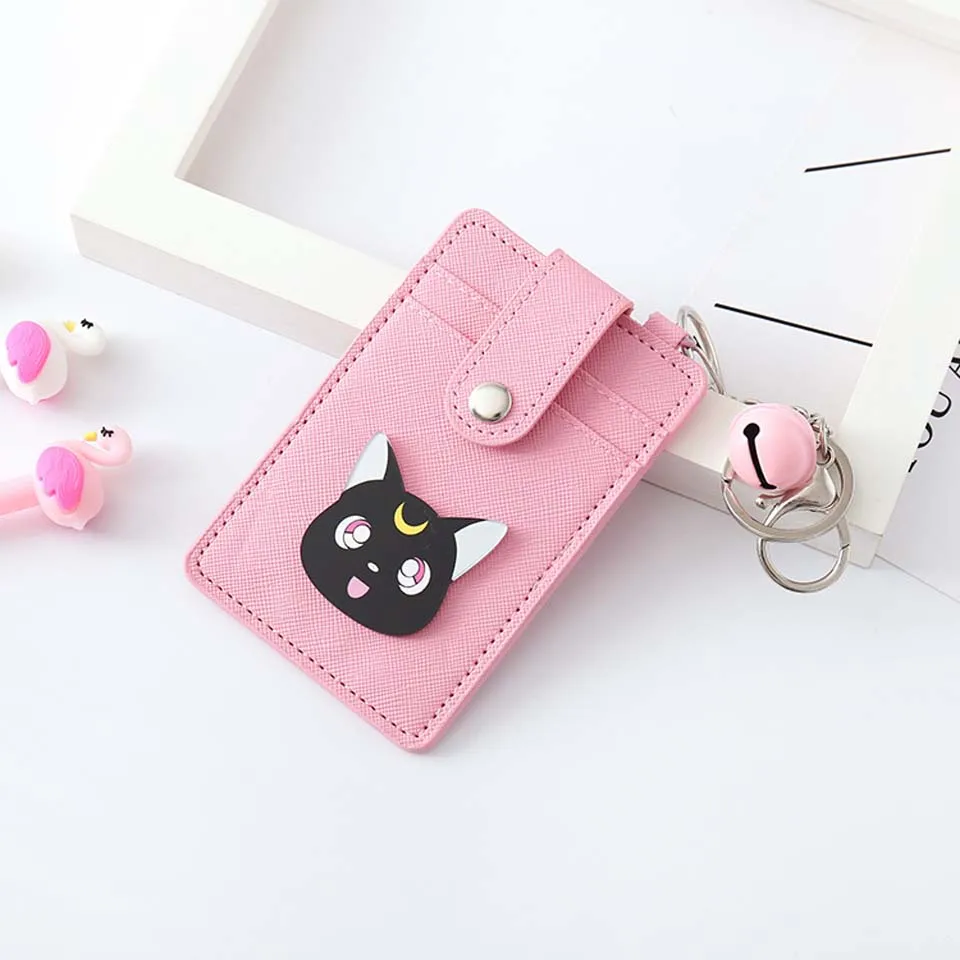 Kawaii розовый Сейлор Мун ПУ кожа карты ID Держатели Сумка для женщин путешествия банк для транспорта и кредитных карт карта брелок крепление ключ кошелек цепь чехол - Цвет: 1