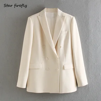 

Star firefly fashion Za suit female 2020 summer casual slim double-breasted pocket decoration solid elegant blazer women