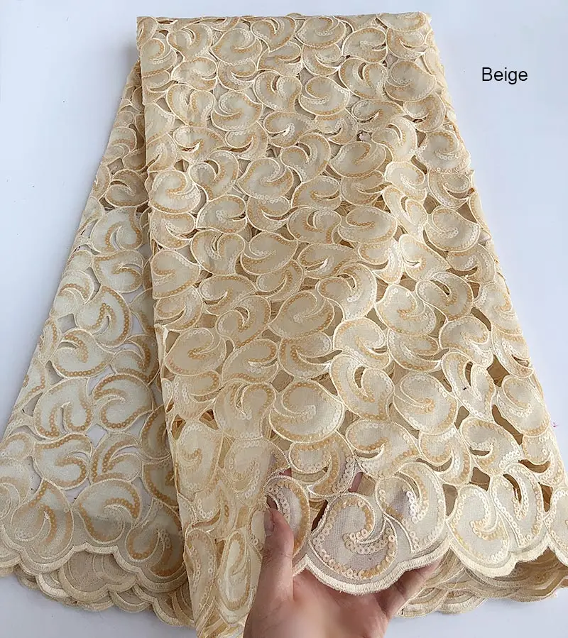 5 ярдов мягкий кофе Handcut африканская органза кружевная ткань с блестками в нигерийском стиле Гана случайные швейная одежда Высокое качество - Цвет: Beige