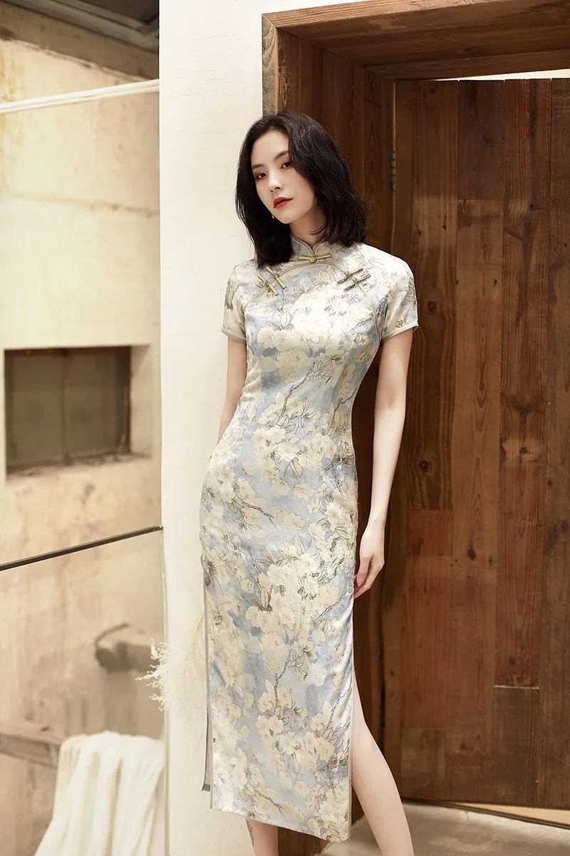 

Spring/summer 2020 new fashion elegant daily slimming slimming temperament improved short-sleeved long Cheongsam dress