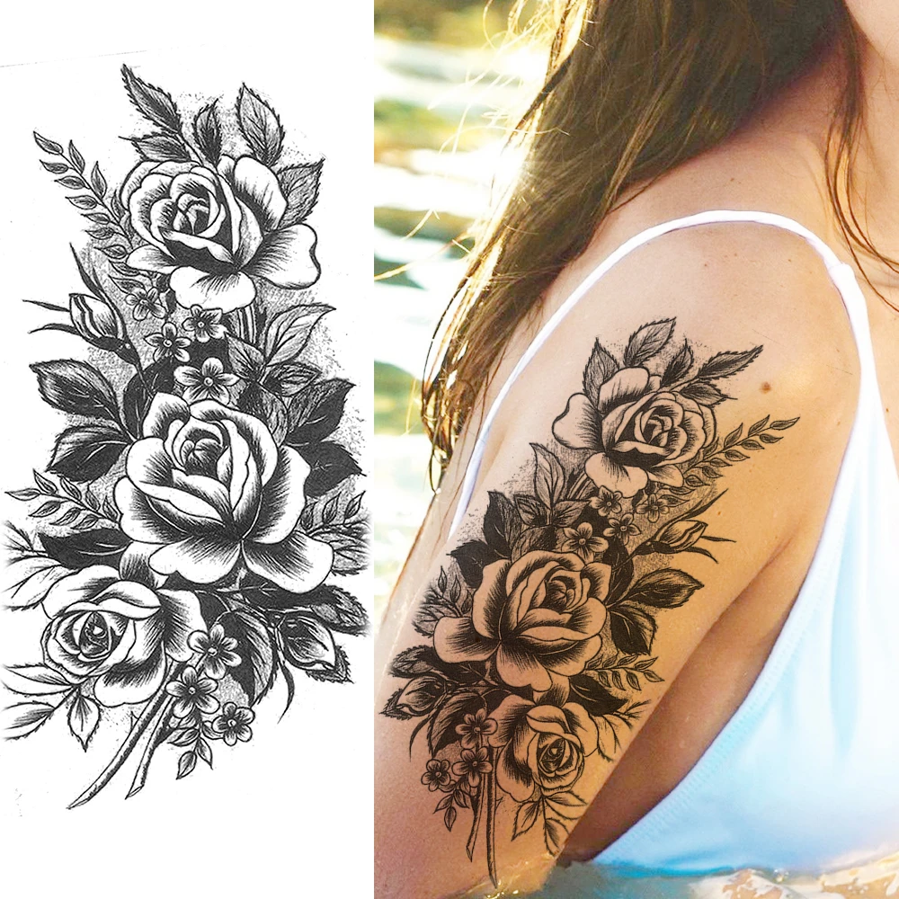 Tatuaje temporal de flores para mujer y niña, dibujo corporal a la moda,  tatuaje de brazo artístico, boceto de lápiz falso, rosa, creativo|Tatuajes  temporales| - AliExpress