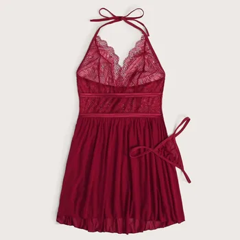 

Women Lace Screen Stitching Halter Nightdress Backless V-neck Lingerie With Thong Set Camisola Vestidos Femininos Clothing 5P
