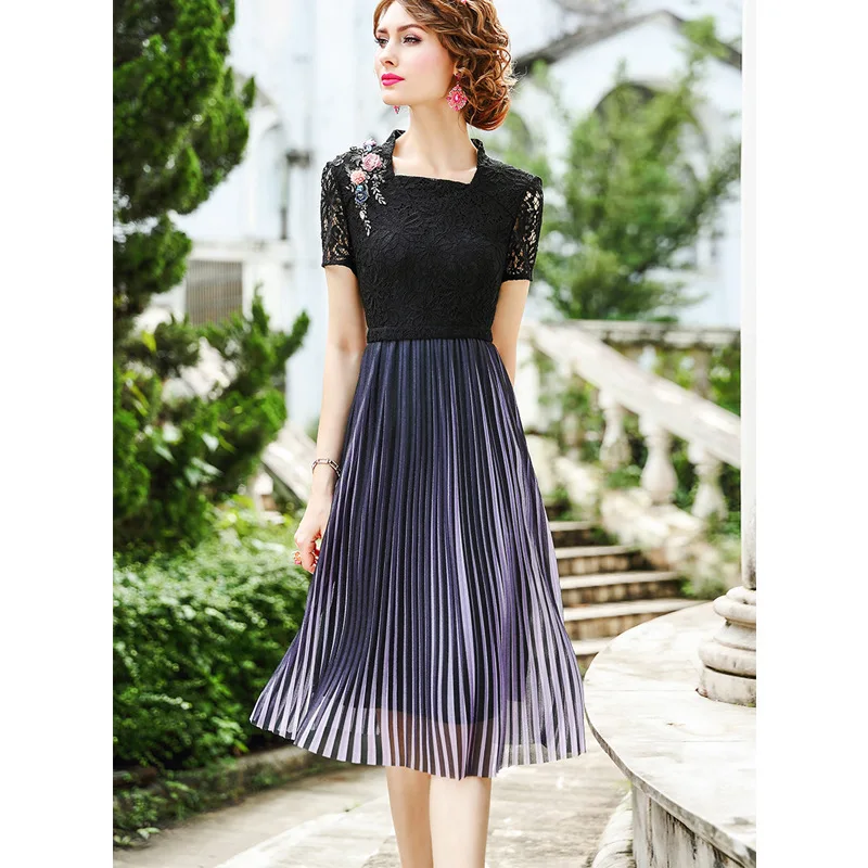 

Europe And America Lace Chiffon Dress Summer Debutante Retro Fashion Slim Fit Joint Mid-length Pleated Skirt A- line Skirt Sub-
