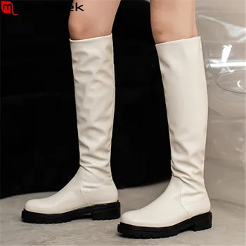 

MoonMeek 2021 Genuine leather boots med heels round toe simple women boots solid color winter knee high boots black rice white
