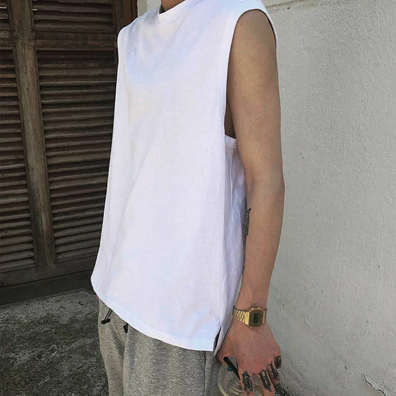 

Oversize men's and women's hip hop sleeveless base T-shirt solid color simple Japanese sports vest loose Retro