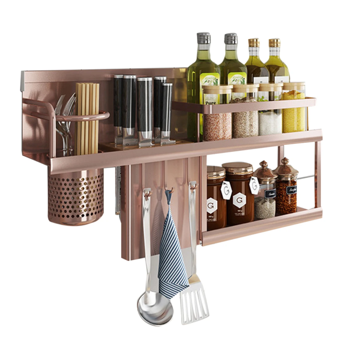 

2 Tiers Wall Mounted Kitchen Storage Rack Seasoning Organizer Container Shelf - Rose Gold