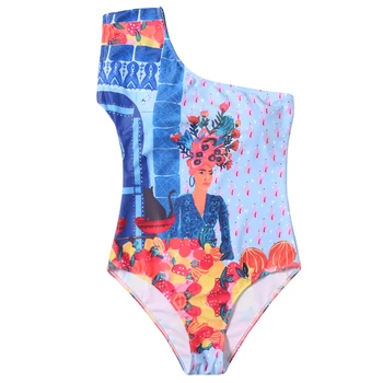 

One Shoulder Swimsuit One-Piece Women Swimwear Push Up Padded Bathing Beach Wear Oil painting Print Swimming Suit Monokini