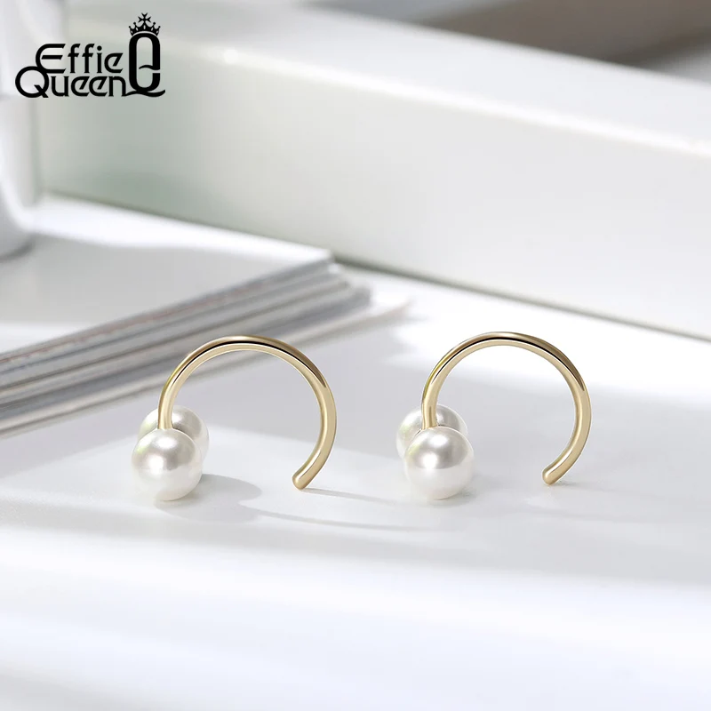 Effie Queen Trendy Gold Color 925 Silver Stud Earrings with Top Grade Simulated Pearl Earring Woman Jewelry Party Gift BE285