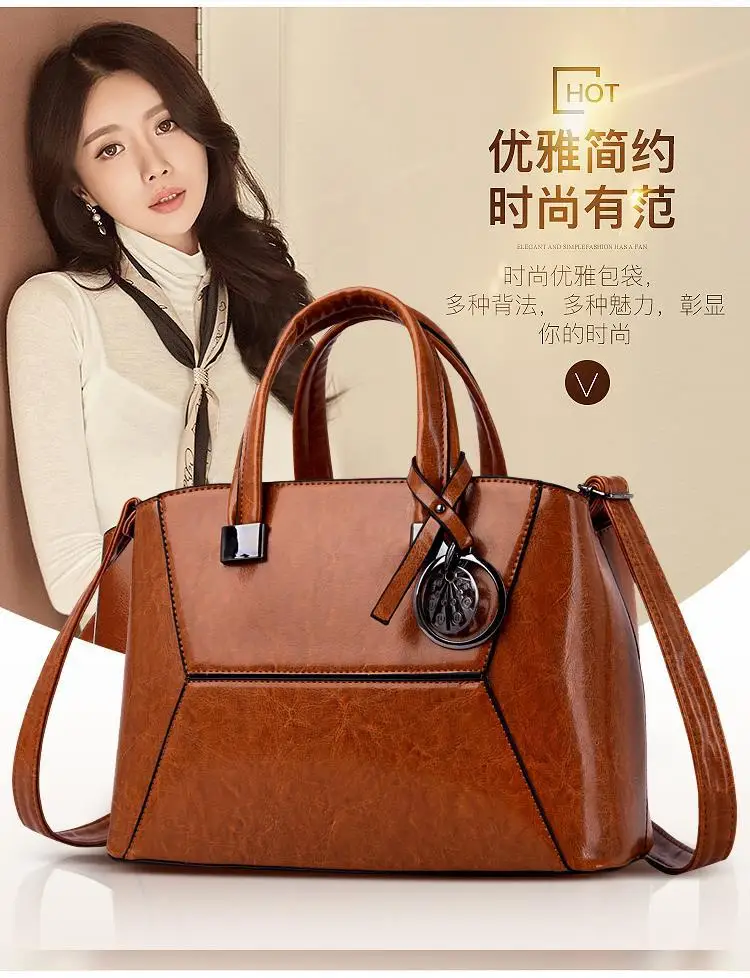 

Summer New Style Oil Wax Leather WOMEN'S Bag Soft Leather Splicing Package Europe And America Style PU Handbag Solid Color Shoul