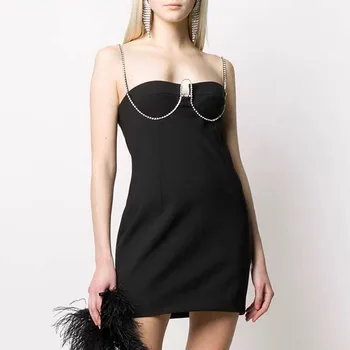 

Luxury Bling Diamonds Patchwork Spaghetti Strap Party Dresses Women 2020 Summer Black Runway Dress Designers