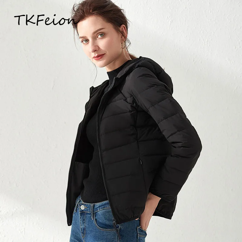 

Women's Bomber Short Jackets 2019 Fall Autumn Winter Female Hooded Slim Cropped Jacket Warm Duck Down Filler Solid Striped Coats