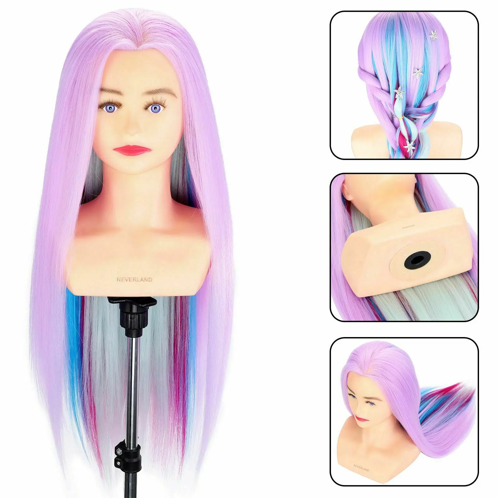 

Neverland 26''-28''Rainbow Purple Training Mannequin Head With Shoulder For Practicing Hairdressing Styling Wig Doll Head +Clamp