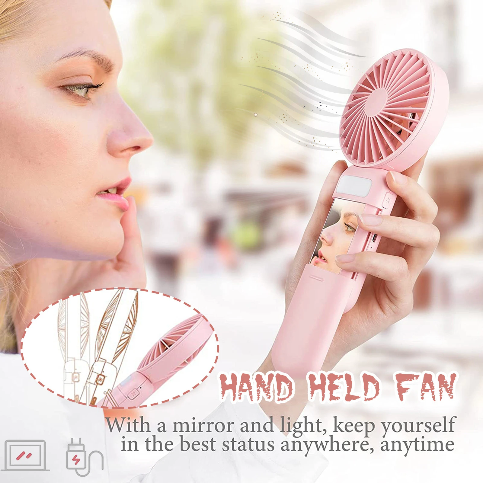 3in1 Handheld Fan Mini Cosmetic Mirror Compact Portable Pocket Makeup